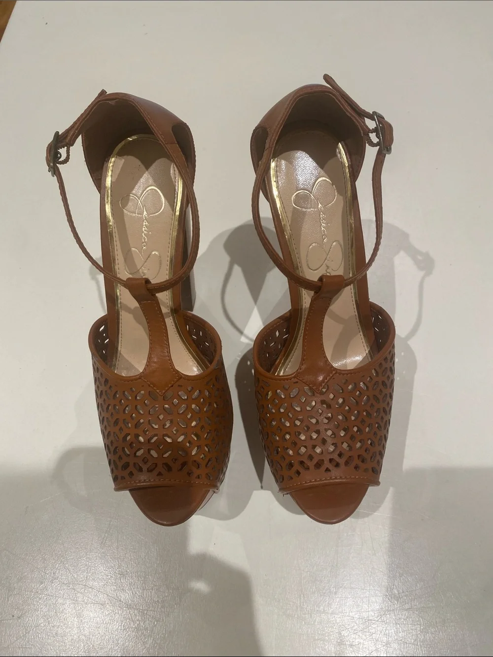 Jessica Simpson Tan Laser-Cut T-Strap Platform Sandals